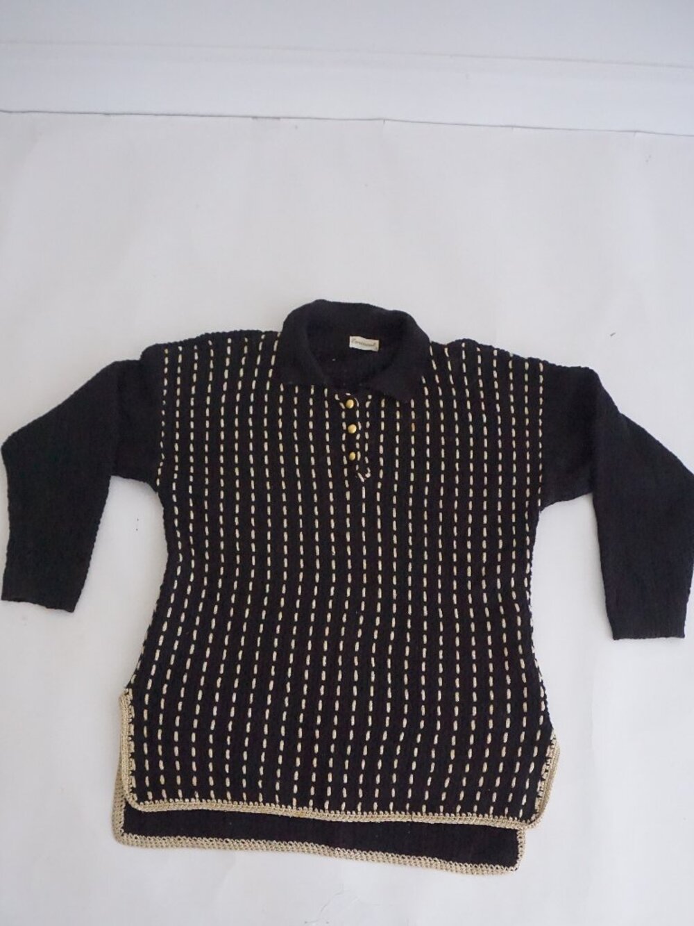 Vintage Eminent Black Gold Metallic Stripe Button KnitPreppy Sweater L